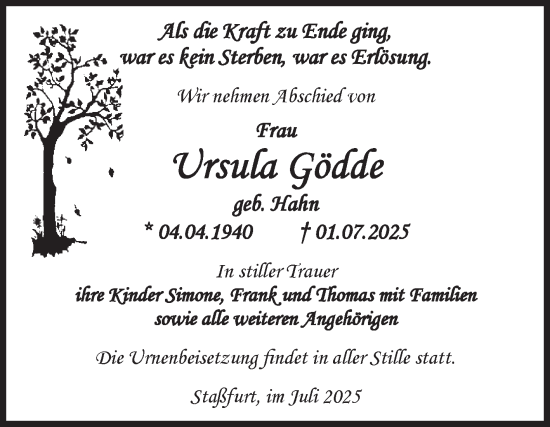 Traueranzeige von Ursula Gödde von Volksstimme Staßfurt