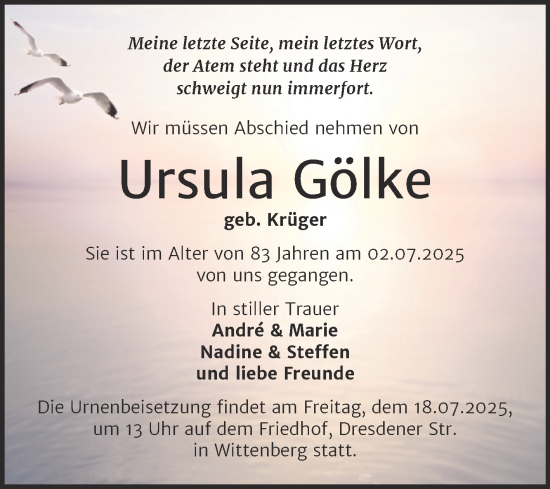 Traueranzeige von Ursula Gölke von Trauerkombi Wittenberg