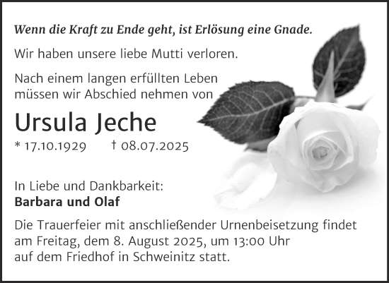 Traueranzeige von Ursula Jeche von Trauerkombi Wittenberg