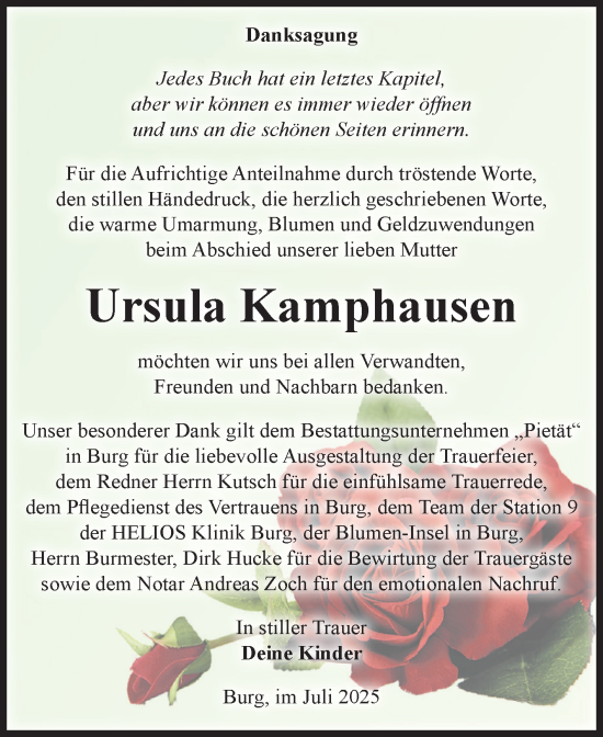 Traueranzeige von Ursula Kamphausen von Volksstimme Burg/Genthin