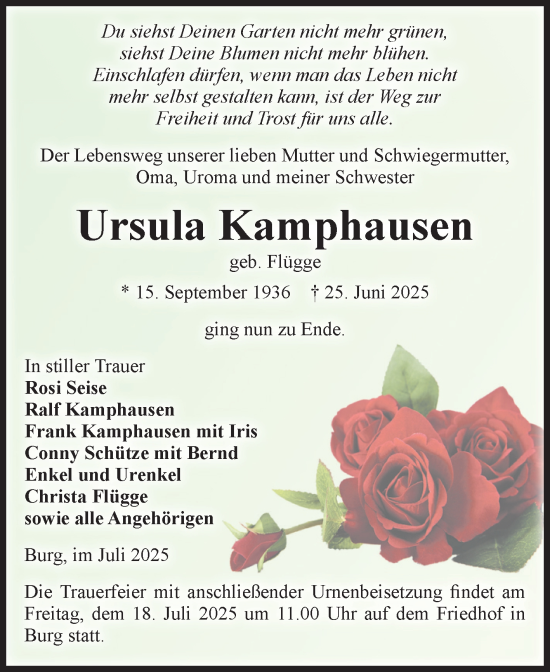 Traueranzeige von Ursula Kamphausen von Volksstimme Burg/Genthin