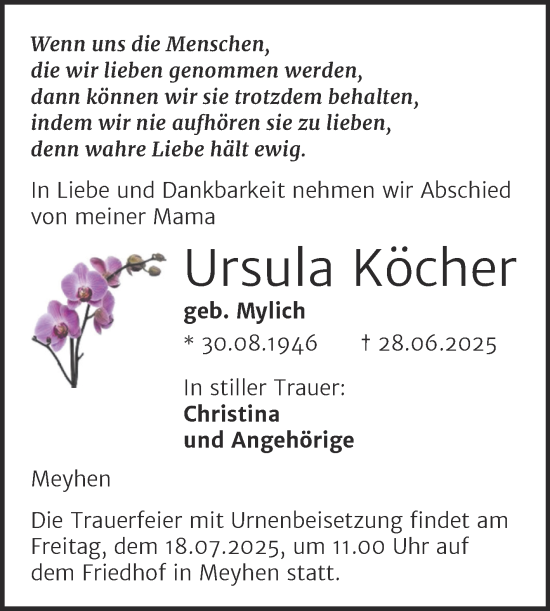 Traueranzeige von Ursula Köcher von Super Sonntag Naumburg/Nebra