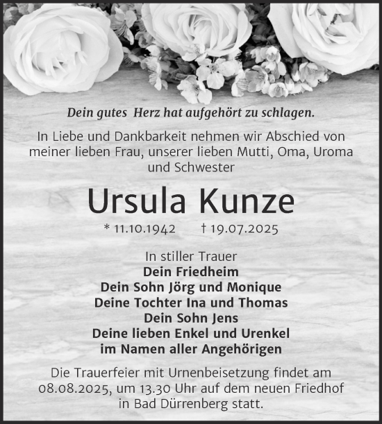 Traueranzeige von Ursula Kunze von Trauerkombi Merseburg
