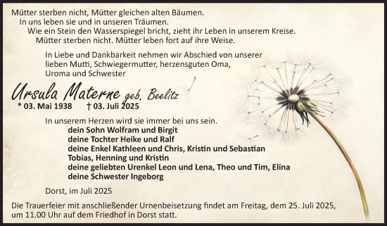 Traueranzeige von Ursula Materne von Volksstimme Haldensleben/Wolmirstedt
