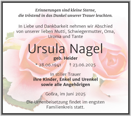 Traueranzeige von Ursula Nagel von Trauerkombi Zeitz
