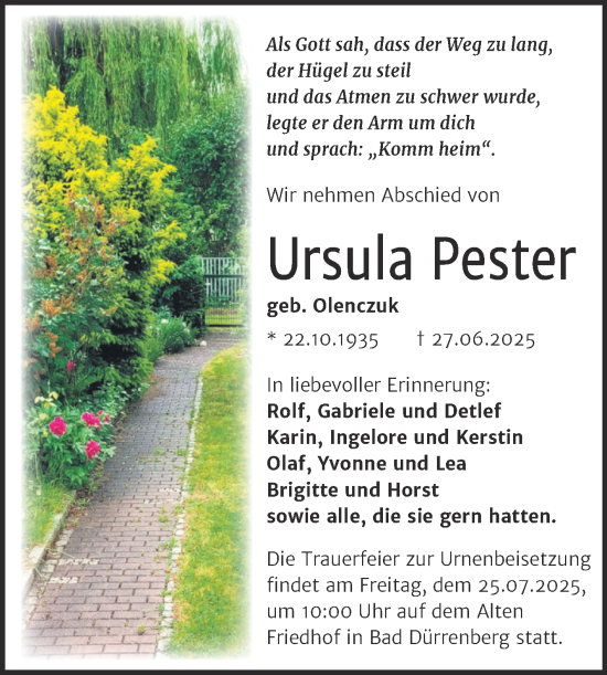 Traueranzeige von Ursula Pester von Trauerkombi Merseburg