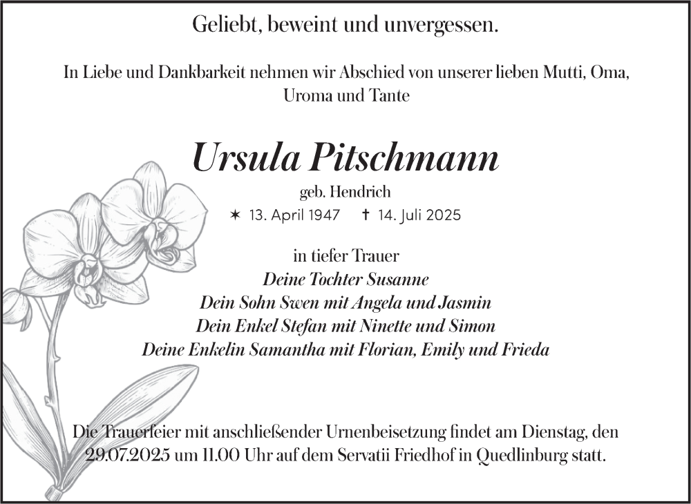  Traueranzeige für Ursula Pitschmann vom 26.07.2025 aus Trauerkombi Quedlinburg