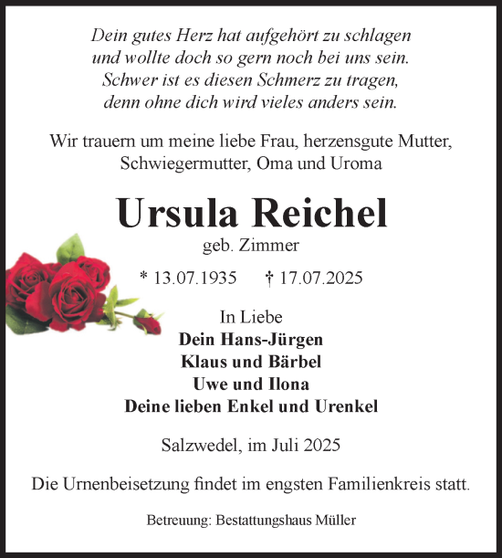 Traueranzeige von Ursula Reichel von Volksstimme Altmark West