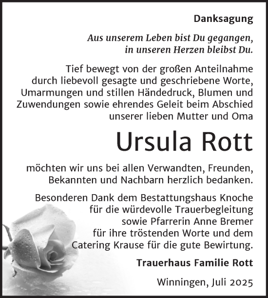 Traueranzeige von Ursula Rott von Trauerkombi Aschersleben