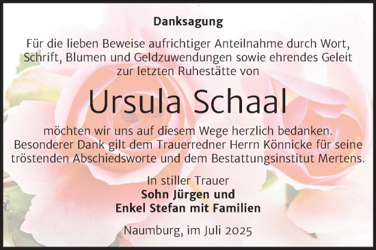 Traueranzeige von Ursula Schaal von Super Sonntag Naumburg/Nebra