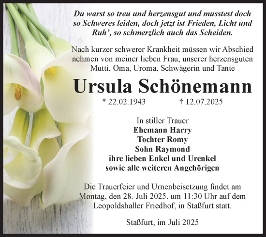 Traueranzeige von Ursula Schönemann von Volksstimme Staßfurt