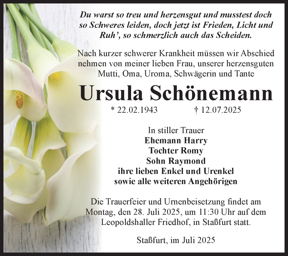  Traueranzeige für Ursula Schönemann vom 19.07.2025 aus Volksstimme Staßfurt