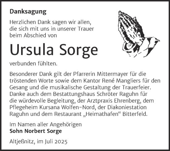 Traueranzeige von Ursula Sorge von Trauerkombi Bitterfeld