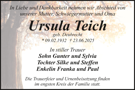 Traueranzeige von Ursula Teich von Trauerkombi Dessau