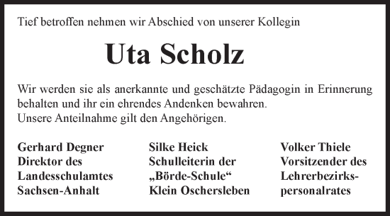 Traueranzeige von Uta Scholz von Volksstimme Oschersleben/Wanzleben