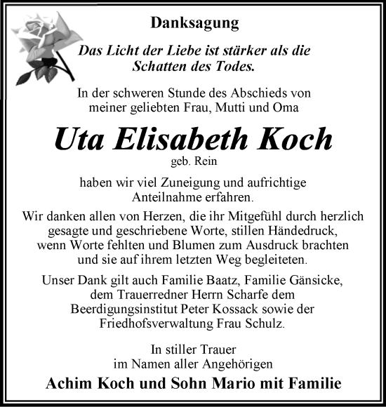 Traueranzeige von Uta Elisabeth Koch von Trauerkombi Dessau