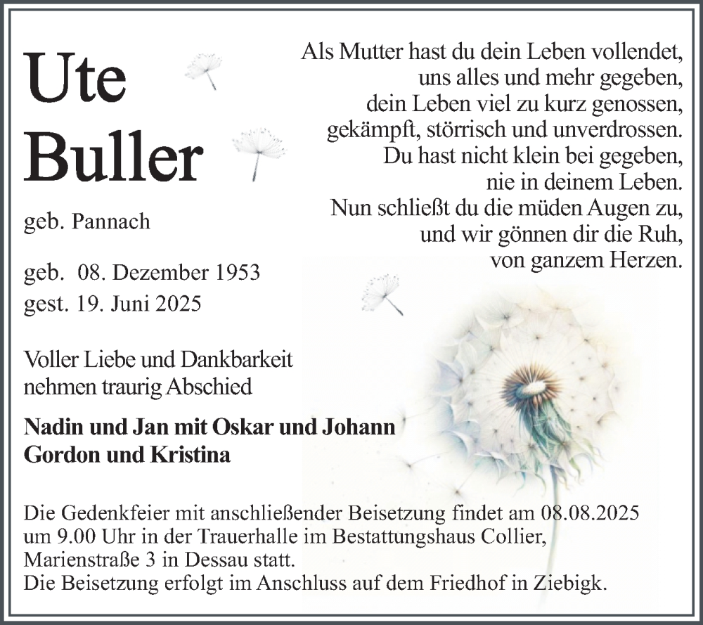  Traueranzeige für Ute Buller vom 26.07.2025 aus Trauerkombi Dessau