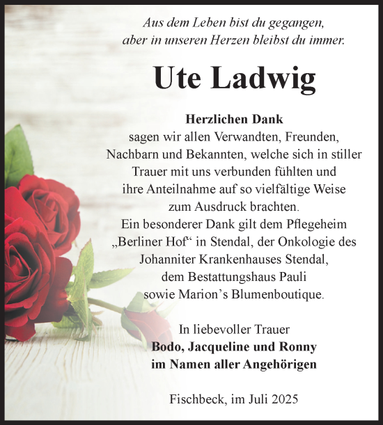 Traueranzeige von Ute Ladwig von Volksstimme Altmark Ost