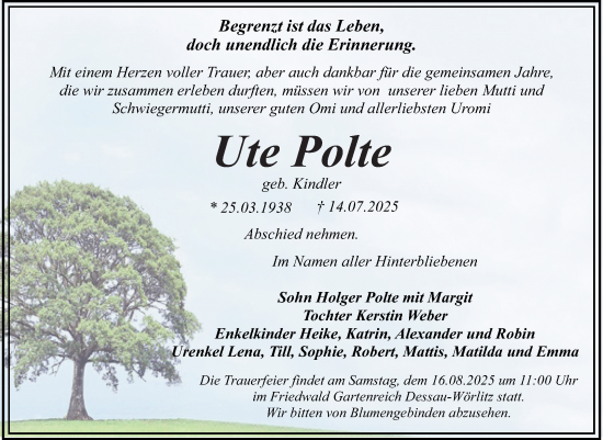 Traueranzeige von Ute Polte von Trauerkombi Dessau