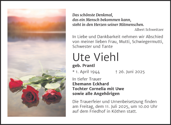 Traueranzeige von Ute Viehl von Trauerkombi Köthen