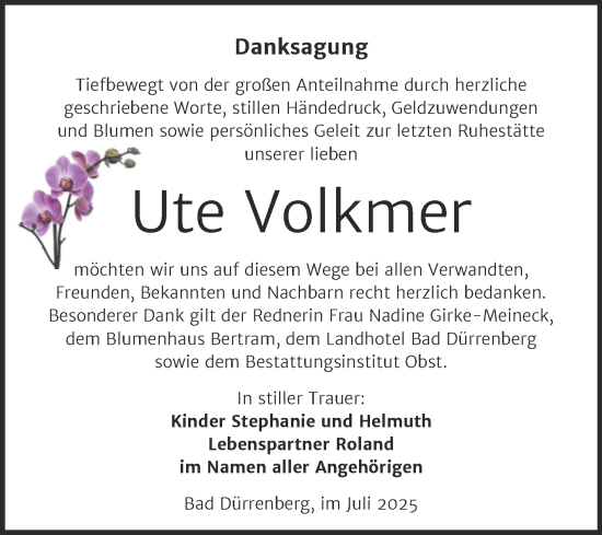 Traueranzeige von Ute Volkmer von Trauerkombi Merseburg