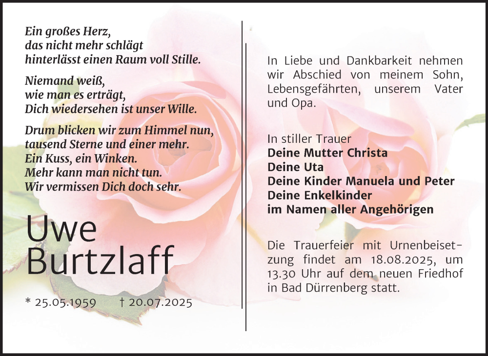  Traueranzeige für Uwe Burtzlaff vom 26.07.2025 aus Trauerkombi Merseburg