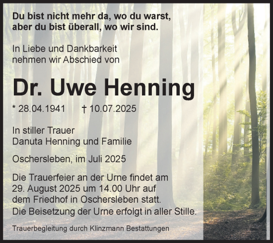 Traueranzeige von Uwe Henning von Volksstimme Oschersleben/Wanzleben