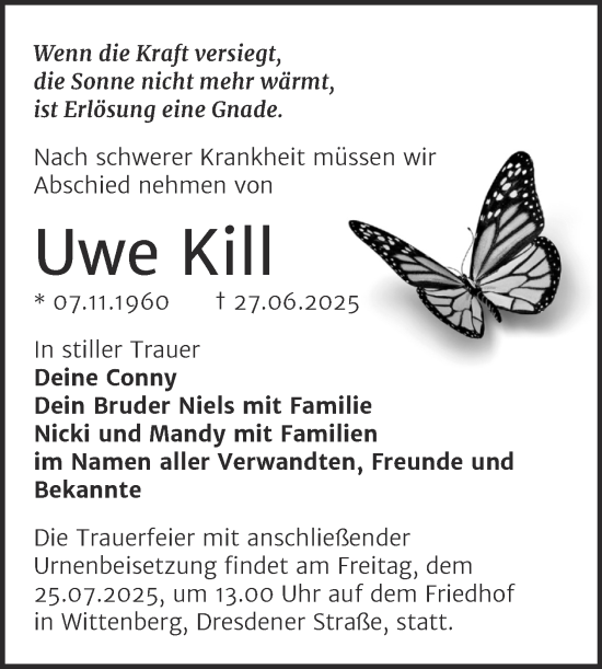 Traueranzeige von Uwe Kill von Trauerkombi Wittenberg