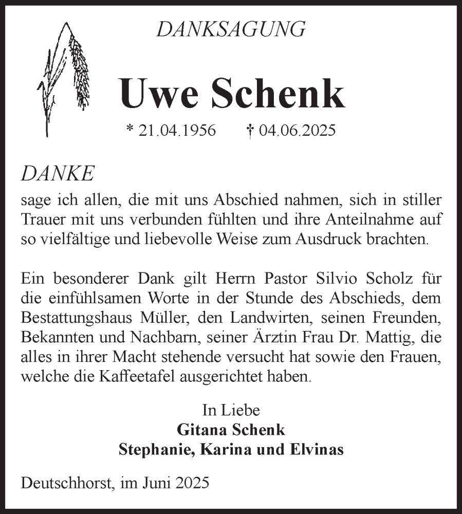  Traueranzeige für Uwe Schenk vom 12.07.2025 aus Volksstimme Altmark West