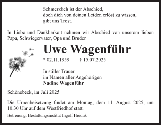 Traueranzeige von Uwe Wagenführ von Volksstimme Schönebeck