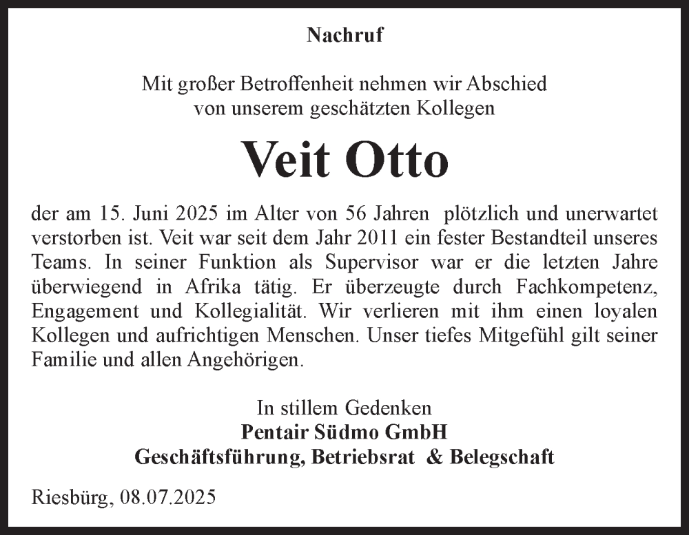  Traueranzeige für Veit Otto vom 12.07.2025 aus Volksstimme Magdeburg
