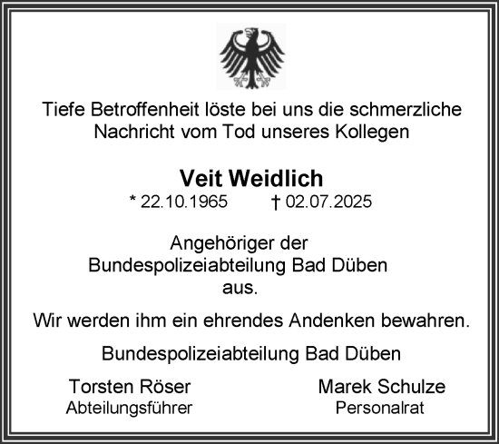 Traueranzeige von Veit Weidlich 