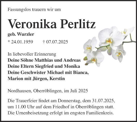 Traueranzeige von Veronika Perlitz von Trauerkombi Sangerhausen