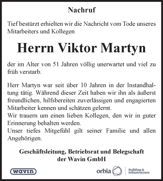 Traueranzeige von Viktor Martyn von Volksstimme Oschersleben/Wanzleben