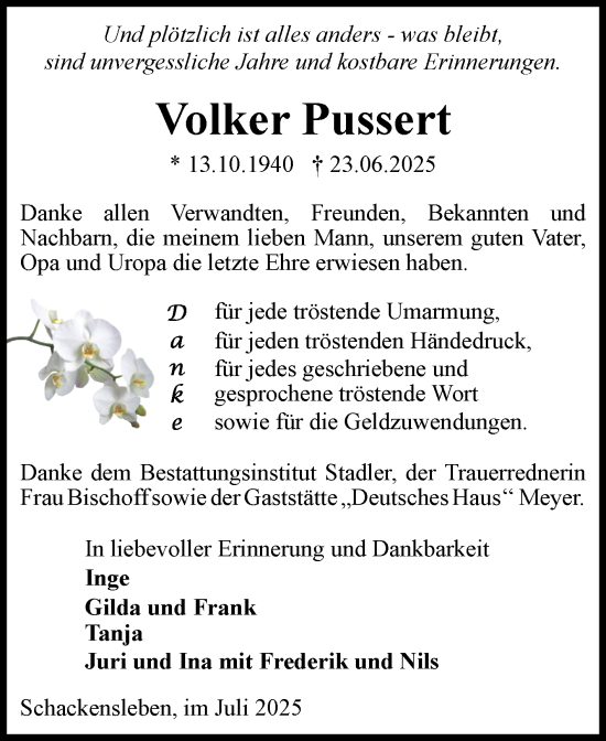 Traueranzeige von Volker Pussert von Volksstimme Haldensleben/Wolmirstedt