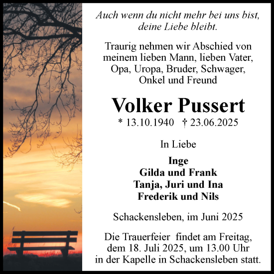 Traueranzeige von Volker Pussert von Volksstimme Haldensleben/Wolmirstedt