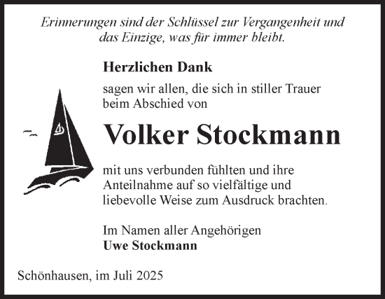 Traueranzeige von Volker Stockmann von Volksstimme Altmark Ost