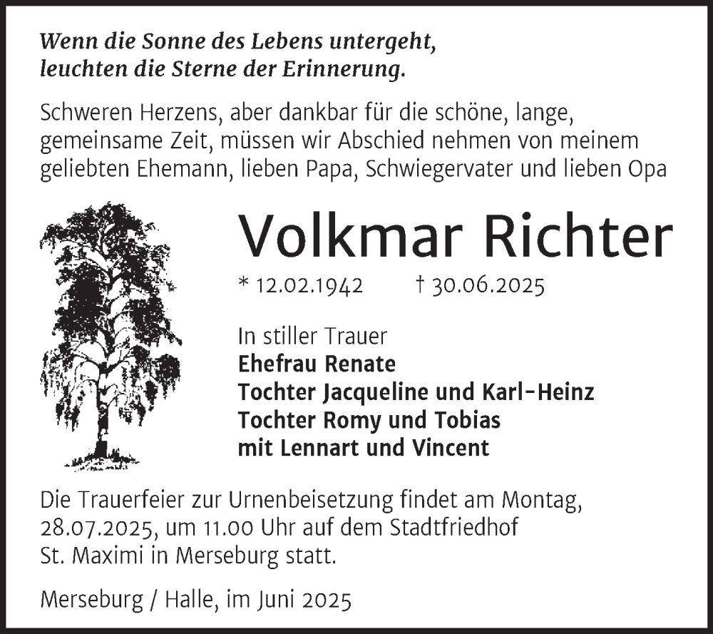  Traueranzeige für Volkmar Richter vom 12.07.2025 aus 