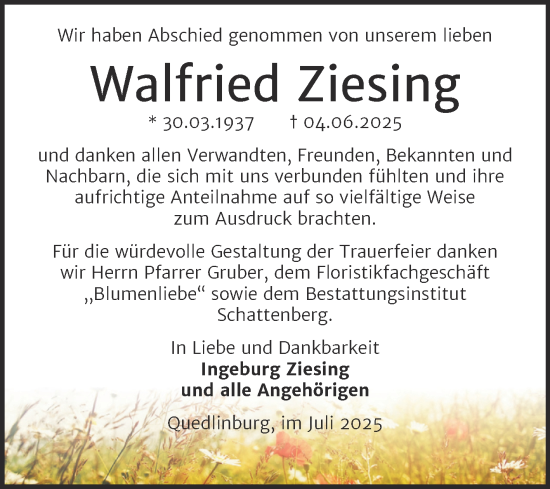 Traueranzeige von Walfried Ziesing von Trauerkombi Quedlinburg