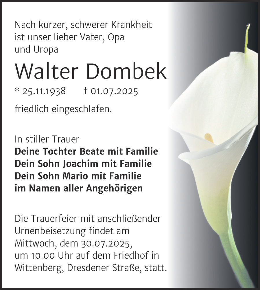  Traueranzeige für Walter Dombek vom 19.07.2025 aus Trauerkombi Wittenberg