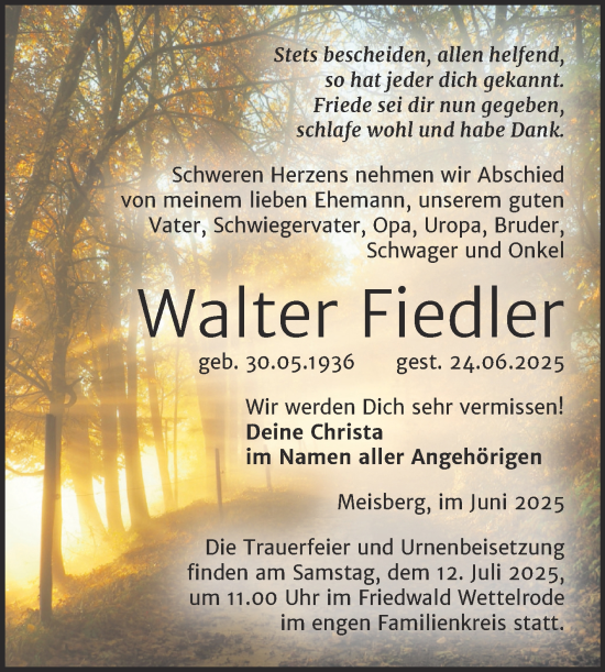 Traueranzeige von Walter Fiedler von Trauerkombi Mansfelder Land