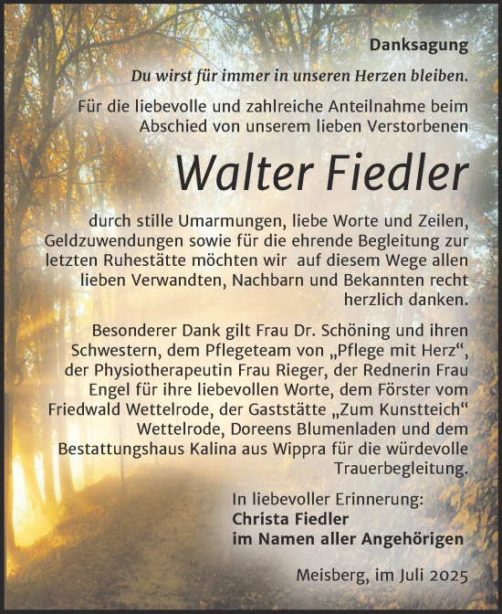 Traueranzeige von Walter Fiedler von Trauerkombi Mansfelder Land