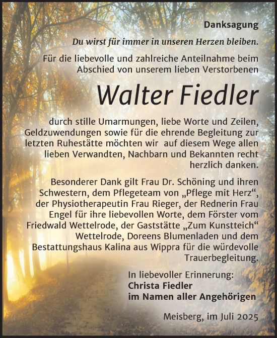 Traueranzeige von Walter Fiedler von Super Sonntag Mansfelder Land
