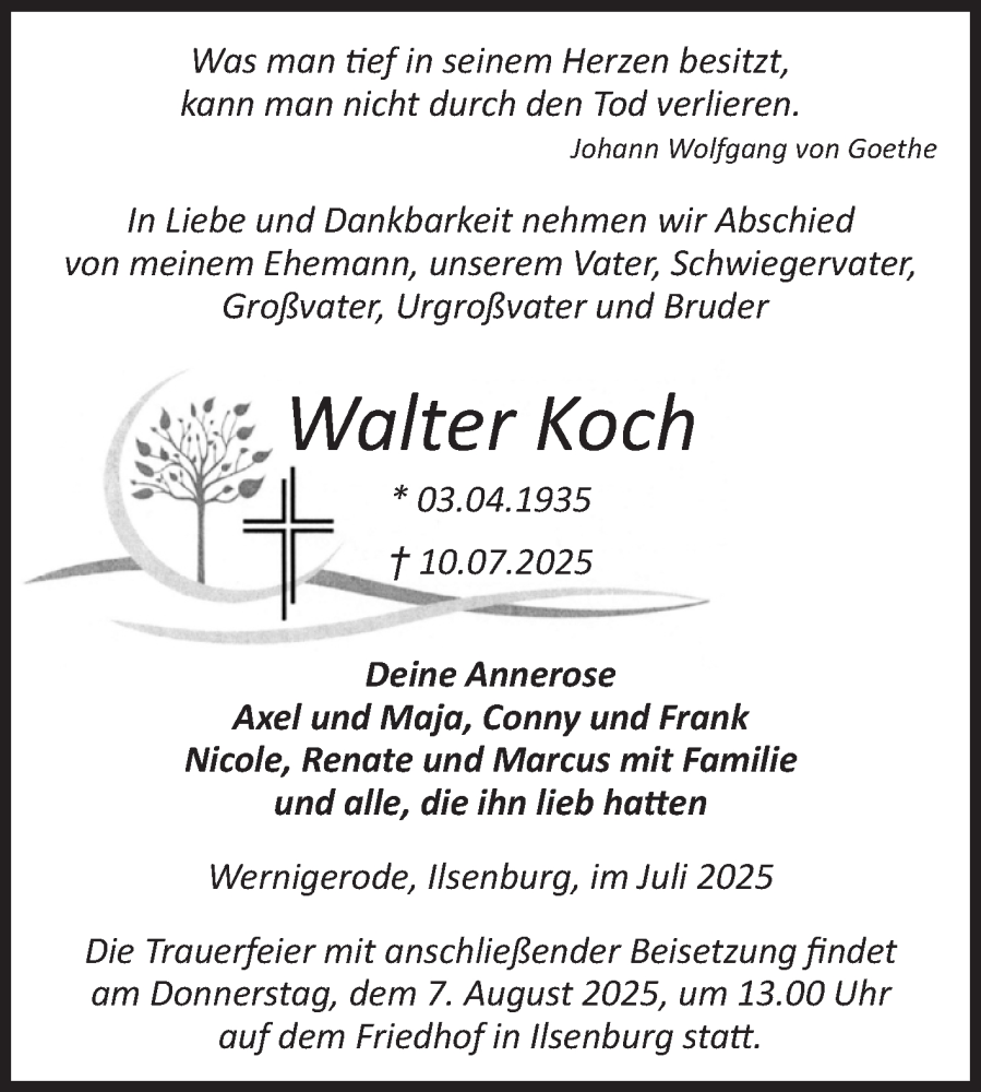  Traueranzeige für Walter Koch vom 19.07.2025 aus Volksstimme Wernigerode