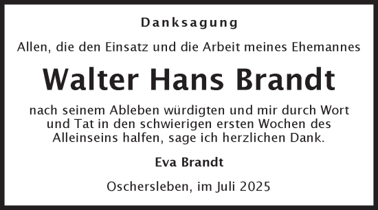 Traueranzeige von Walter Hans Brandt von Volksstimme Oschersleben/Wanzleben