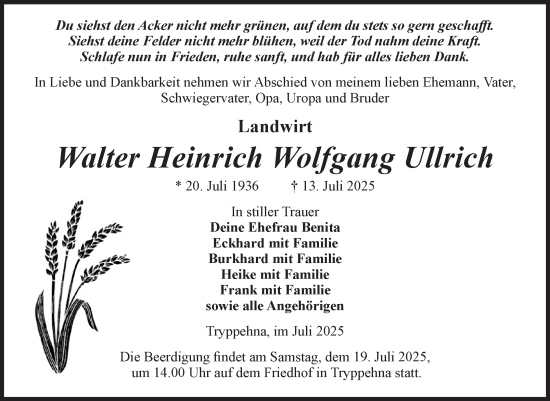 Traueranzeige von Walter Heinrich Wolfgang Ullrich von Volksstimme Burg/Genthin