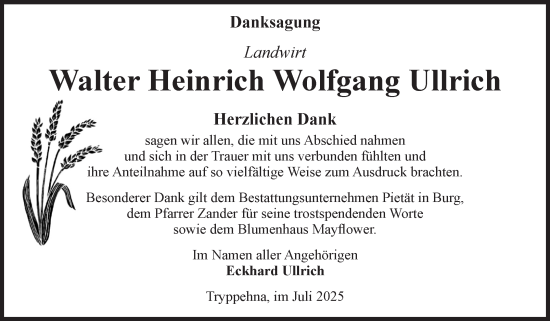 Traueranzeige von Walter Heinrich Wolfgang Ullrich von Volksstimme Burg/Genthin