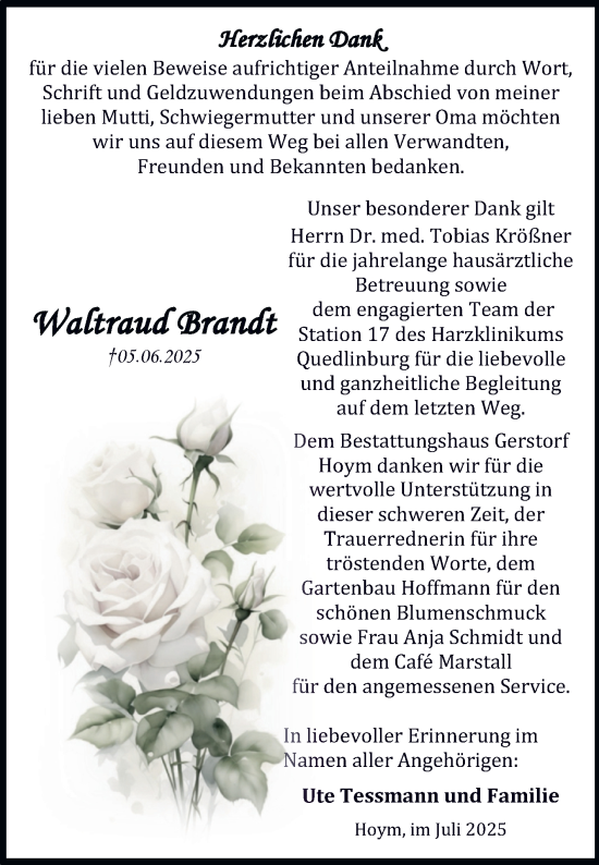 Traueranzeige von Waltraud Brandt von Trauerkombi Aschersleben