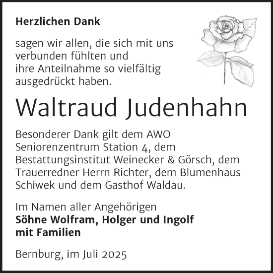 Traueranzeige von Waltraud Judenhahn von Trauerkombi Bernburg