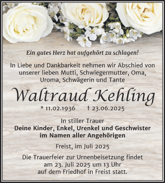 Traueranzeige von Waltraud Kehling von Trauerkombi Mansfelder Land